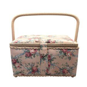 Vintage Pink Floral Sewing Basket Handle Feet Interior Pocket and Pincushion